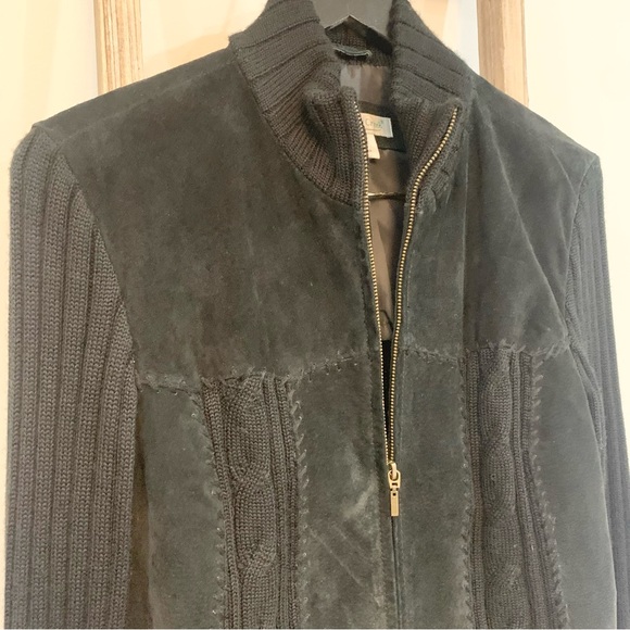 Coldwater Creek Black Suede Leather Sweater Cable Knit Zip Up Jacket Size L - Picture 4 of 13